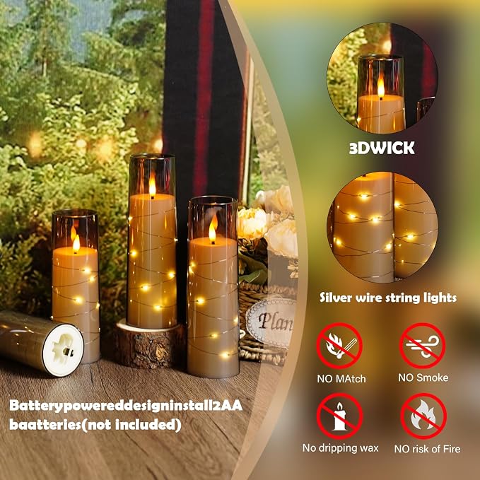 Sasigeiaa Flameless Candles with Embedded Star String - Battery Operated LED Candles, with Remote,12 Grey Flickering Candles for Christmas, Weddings, Home Decor & Party,(D 2.3"×H 5" 6" 7") - Image 4