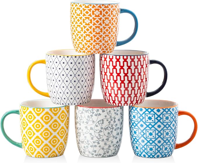 Ceramic Coffee Mugs Set - 10 Oz Large Porcelain Tea Cups with Handle for Milk Cappuccino Latte Tea Cocoa - Microwave Dishwasher Safe - Christmas Housewarming Gift -Set of 6 - Assorted Colors by Gibsimi
