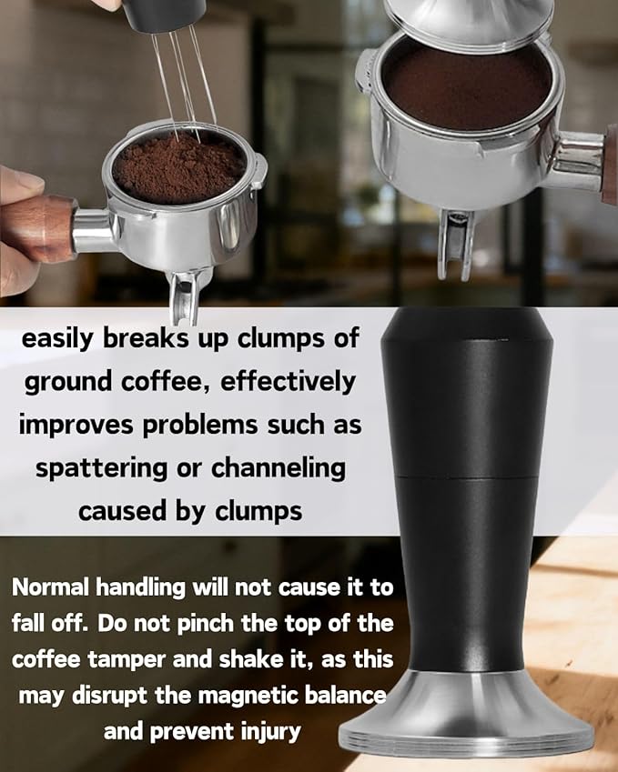 Espresso Tamper 51/53/58mm Magnetic WDT Tool 2 in 1 Accessories, Barista Coffee Tamper Kit with Distribution Tool Dosing Funnel Puck Screen, Stainless Steel Flat Base (58mm)