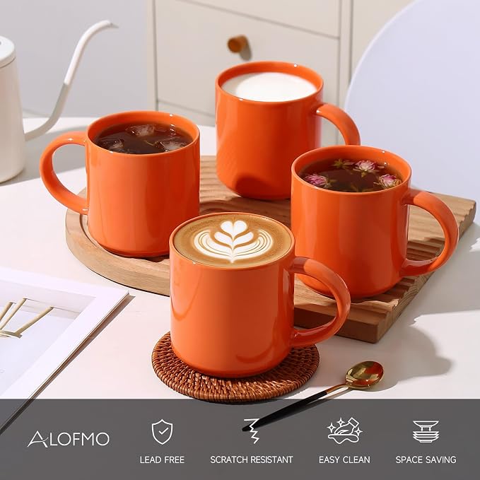 Coffee Mugs Set of 4, Stoneware Coffee Cups with Comfortable Handle, 16oz Ceramic Mugs for Kitchen & Office, Dishwasher & Microwave Safe - Orange - Image 3