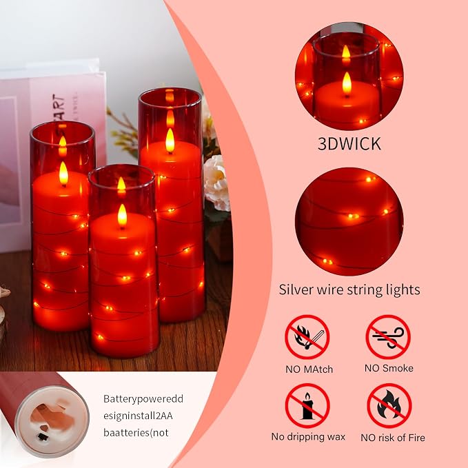 Flameless Candles,with Embedded Star String, Battery Operated Candles Flickering LED Pillar Candles with Remote Control and Timer, Home Decoration Add a Warm and Romantic Atmosphere，Set of 7 (Red) - Image 6