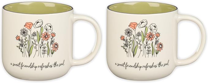 Christian Art Gifts Large Ceramic Coffee & Tea Mug for Women & Friends: Sweet Friendship - Proverbs 27:9 Scripture, Cute Microwave/Dishwasher Safe Floral Cup, Sage Green/White, 15 oz. (Pack of 2) by ChristianArtGifts