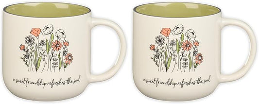 Christian Art Gifts Large Ceramic Coffee & Tea Mug for Women & Friends: Sweet Friendship - Proverbs 27:9 Scripture, Cute Microwave/Dishwasher Safe Floral Cup, Sage Green/White, 15 oz. (Pack of 2) by ChristianArtGifts