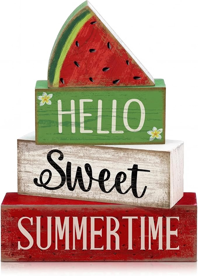 Moucuny 4 Pcs Summer Wooden Table Decor Watermelon Tiered Tray Decor Farmhouse Table Decoration Hello Sweet Watermelon Book Block Summer Decoration for Home Office Kitchen Mantel Shelf by Moucuny