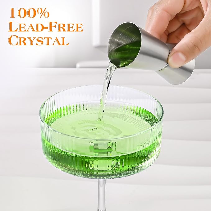 Amyoole Vintage Ribbed Coupe Glasses Set of 6, 11oz Martini Glasses | Clear 100% Crystal, Bar Drinking Glasses, Elegant Cocktail Glasses, for Champagne, Margaritas, Espresso, With Rose Ice Mold - Image 3