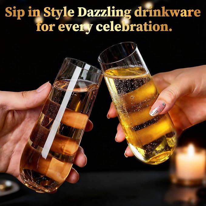 Guanqiao 24 Pack Stemless Plastic Champagne Flutes, 9 oz Clear Disposable Plastic Glasses, Heavy Duty Shatterproof Recyclable Mimosa Glasses for Party Wine Tasting Wedding New Years Eve Party Supplies - Image 6