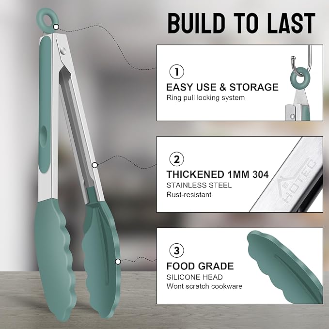HOTEC Premium Stainless Steel Locking Kitchen Tongs with Silicon Tips, Set of 3-7", 9" and 12" (Sage Green) - Image 3