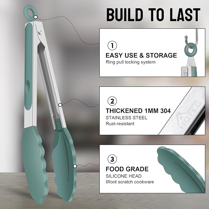 HOTEC Premium Stainless Steel Locking Kitchen Tongs with Silicon Tips, Set of 2-9" and 12", Sage Green - Image 3