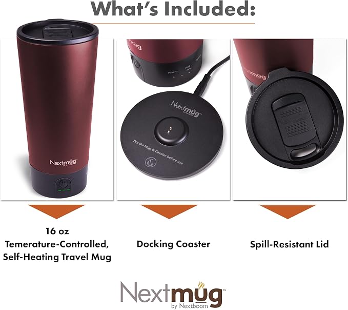 Nextmug Go - Temperature-Controlled, Self-Heating Travel Mug | (Burgundy - 16 oz.) – No App, Long-Lasting Battery for Work & Study, Great Gift for Coffee Lovers - Image 3