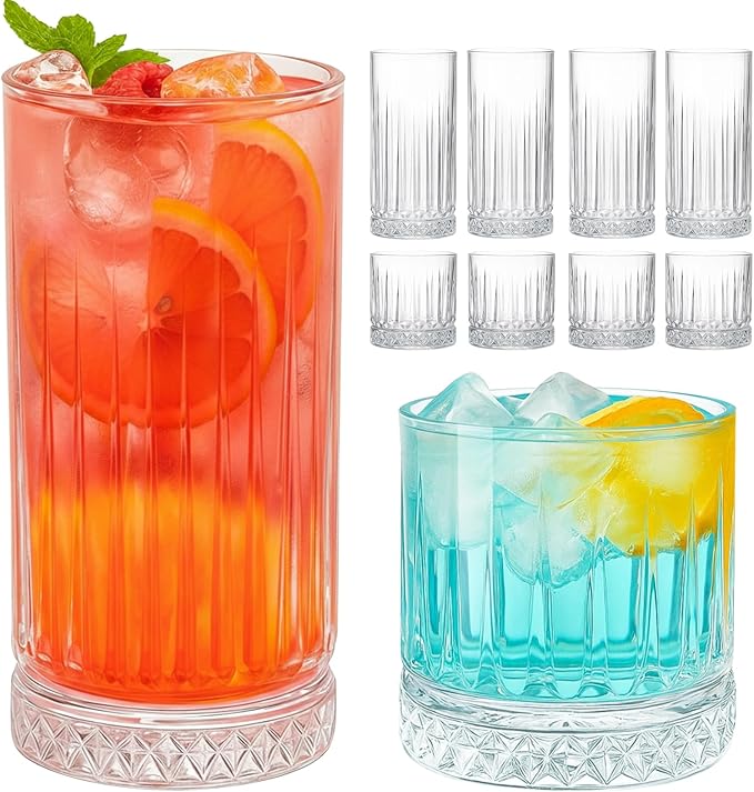 Ruckae Drinking Glasses Set of 8,15 oz and 7 oz Kitchen Water Glass Cups Set,Clear Ribbed Glassware Dishwasher Safe,Mixed Drinkware for Beer,Juice,Cocktail,Whiskey,Milk and Various Mixed Drinks by RUCKAE