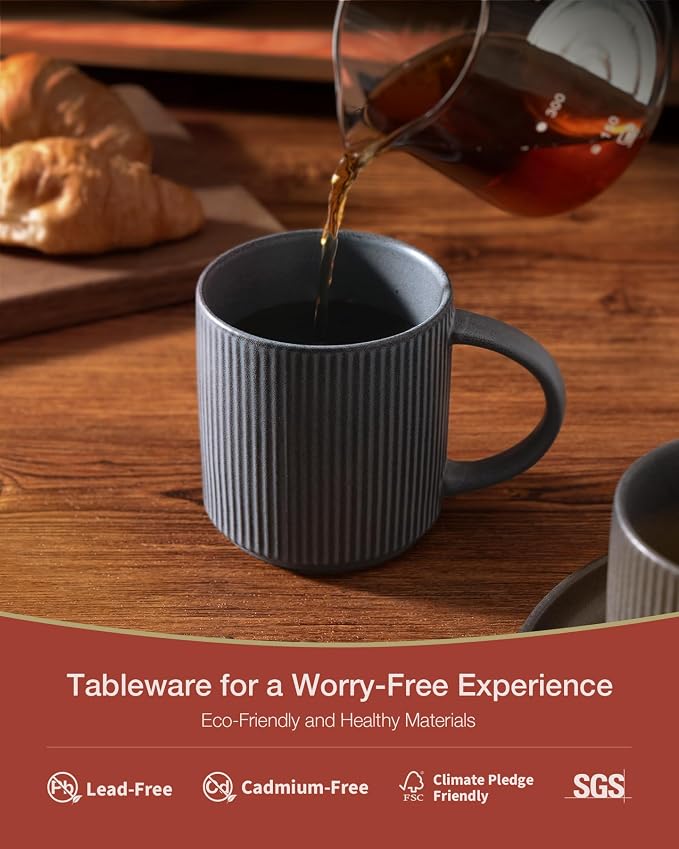famiware Coffee Mug Set for 6, Star 12 oz Catering Mugs Cup Set with Handle for Coffee, Tea, Cocoa, Milk - Ceramic Stoneware Drinkware Set, Matte Dark Charcoal - Image 2