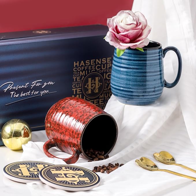 HASENSE Ceramic Coffee Mug Set of 2, 20 Oz Tea Cups for Women and Men, Handmade Large Latte Mugs with Handle, Gift Box with Coaster & Gold Spoon, Perfect for Christmas Thanksgiving, Blue & Red - Image 4