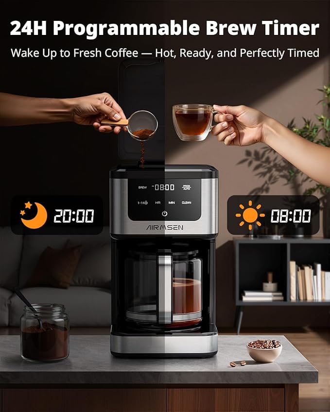 AIRMSEN 14-Cup Programmable Drip Coffee Maker | 1000W Fast Brew, 24H Timer, 2-Hour Keep Warm, 4/6/8/10/14-Cup Selection, 73oz Tank & Glass Carafe for Home Office - Image 4