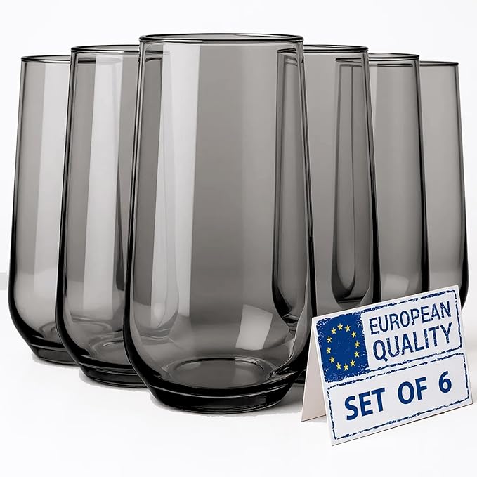 Grey Drinking Glasses Set of 6 | Translucent Black Glassware | 16 oz Smoked Grey Glass Cups | Highball Drinkware for Cocktails, Long Drink, Mojito, Juice, Soda | Modern Charcoal Drinkware by Biandeco