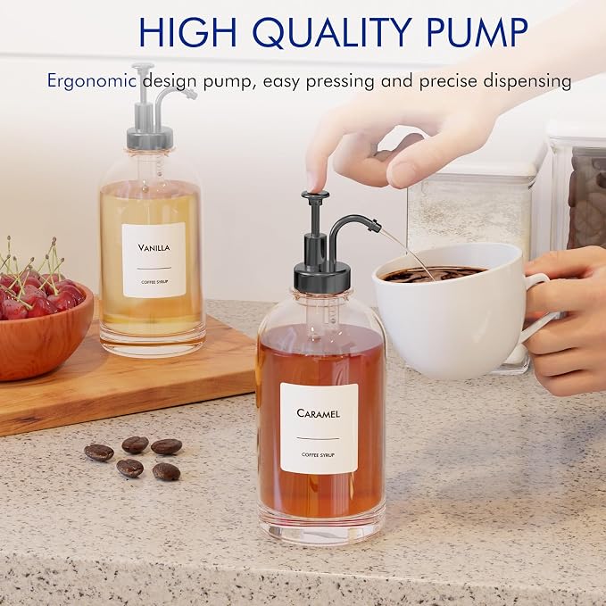 16.9 oz/500 ml Coffee Syrup Dispenser Set - 2 Glass Bottles with Black Pumper and Syrup Labels - Precise Dispensing and Stylish Addition to Coffee Shop, Cafe or Home Bar - Image 3