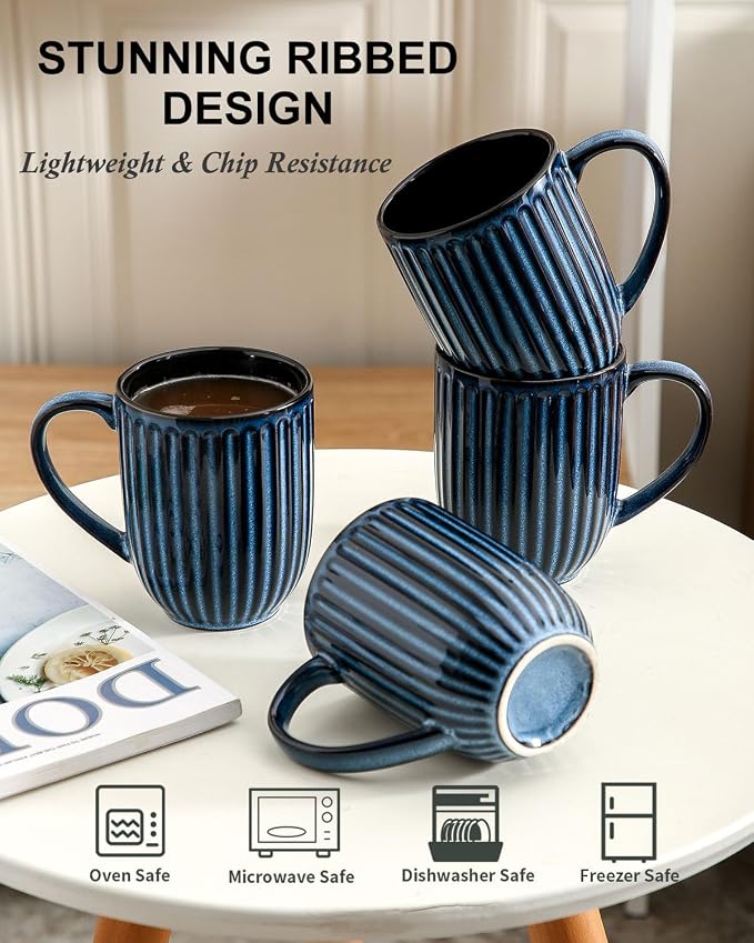 HASENSE 16 oz Ceramic Coffee Mugs Set of 4, Ribbed Navy Blue Coffee & Tea Cups, Dishwasher & Microwave Safe, Ideal for Housewarming & Wedding Gifts - Image 5
