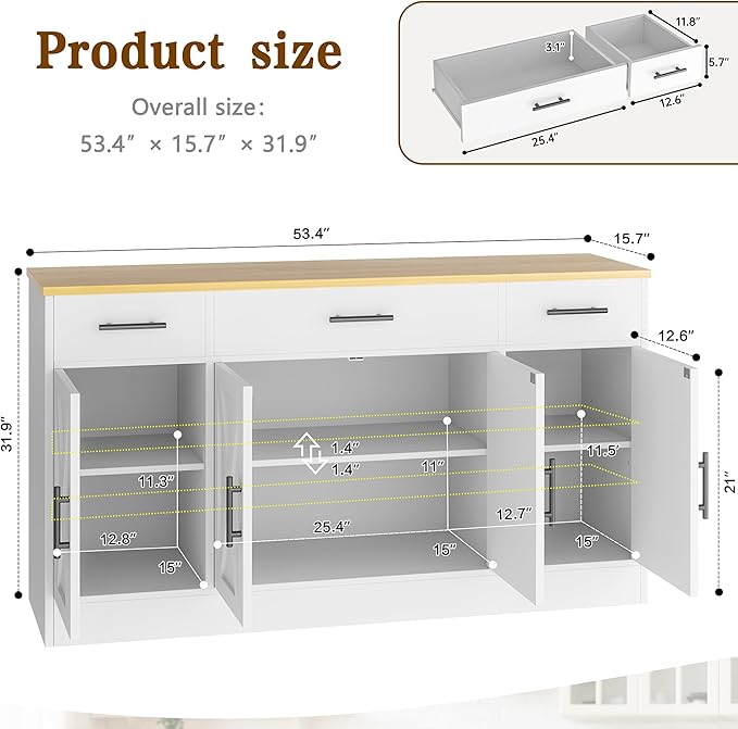 Vongrasig 53” Sideboard Buffet Cabinet with with Storage | Large Farmhouse Coffee Bar Cabinet with 4 Doors and 3 Drawers for Kitchen, Living Room, White - Image 2