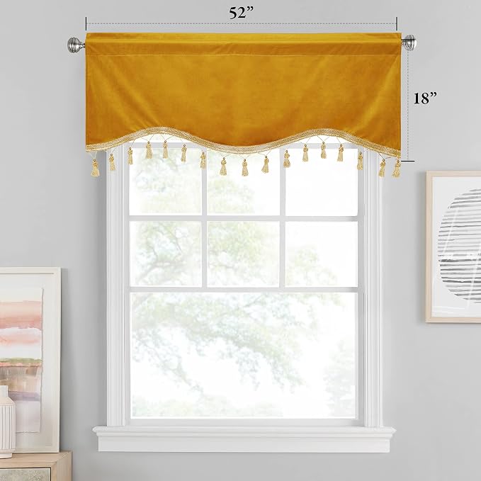 Warm Gold Autumn Tassel Velvet Valances Curtains 52x18 Inch 2 Panels | Rod Pocket Scalloped Tier Curtains, Light Dimming Privacy Protect Window Drapes for Cafe, Holiday Fall Decor - Image 2