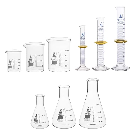 EISCO Laboratory Glassware Set, 9pcs - Includes Beaker Set (3pcs), Erlenmeyer Flask Set (3pcs), ASTM Class A Graduated Cylinder Set (3pc) - Chemistry Glassware - Made of Borosilicate 3.3 Glass by EiscoLabs