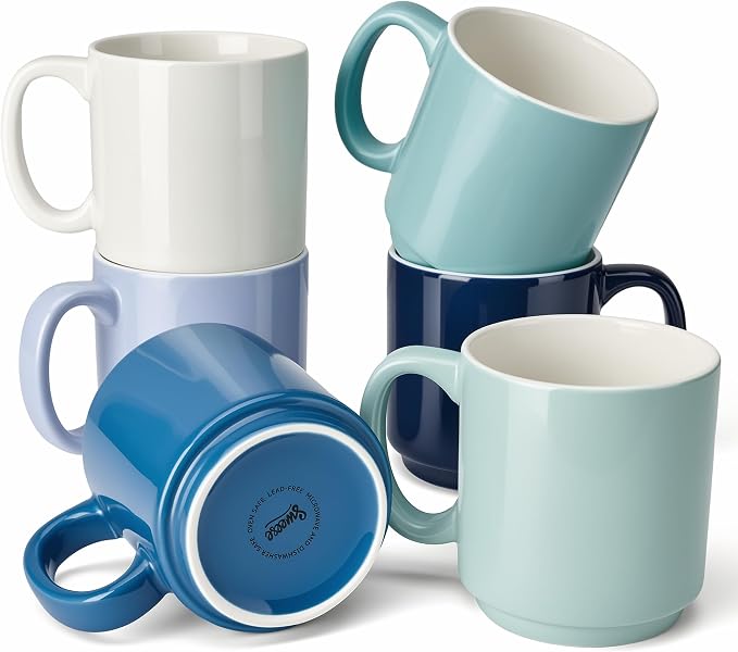 Sweese Stackable Coffee Mugs - 10 Oz Porcelain Cups for Specialty Coffee Drinks, Cappuccino, Cafe Mocha, Latte and tea, Set of 6, Cool Assorted Colors by Sweese