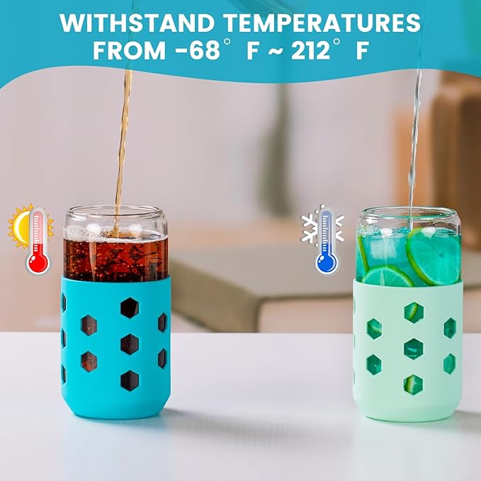 Glass Cups with Lids and Straws (4 Pcs), 16oz Drinking Glasses Set with Silicone Sleeves for Coffee Bar Accessories Iced Coffee Cups with Lids, Glass Tumbler Reusable for Gifts
