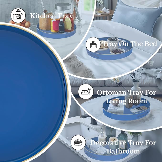 MAONAME 13" Blue Decorative Tray, Plastic Round Serving Tray with Handles | Decorative Tray for Coffee Table, Modern Ottoman Tray, Circle Tea Tray, Round Melamine Tray for Living Room, Bathroom - Image 7