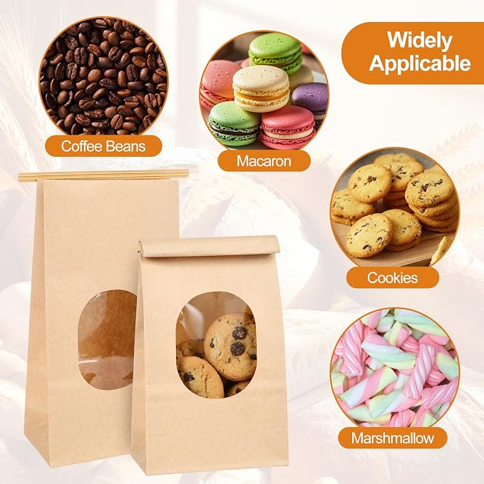 Bakery Bags with Window, 100Pcs, 5.1x2.75x9.6 in, Kraft Paper, Reusable | Airtight tin tie lock + clear window: reusable food-safe kraft bags for bread, cookies, coffee beans, snacks & party favors - Image 3
