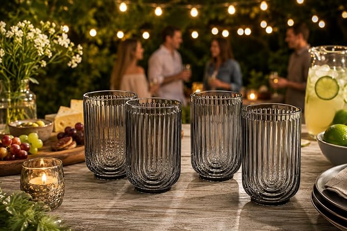 Glaver's Vintage Glassware - Art Deco Ribbed Drinking Glasses, U-Shape Arch Design Colored Cocktail Decorative Party Everyday Kitchen Tumblers, Hand Wash Only (Smoke S/4 17oz) - Image 4