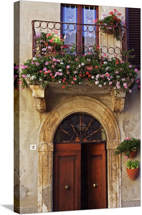 ART.COM Stretched Canvas Print Balcony Flowers and Doorway in Pienza Tuscany Italy by Julian Castle, 16" x 24" by ART