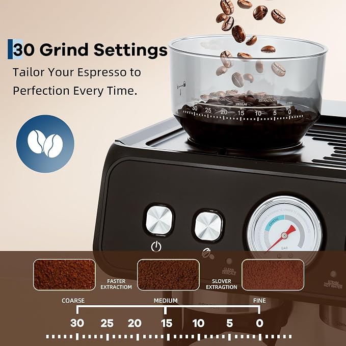 Deluxe Espresso Machine with Double Boiler, Built-in Burr Grinder | 30 Grind Settings, 2.8L Removable Tank, Use Milk Frother and Brew Espresso Simultaneously, Coffee Maker Steam Wand, Silvery - Image 3