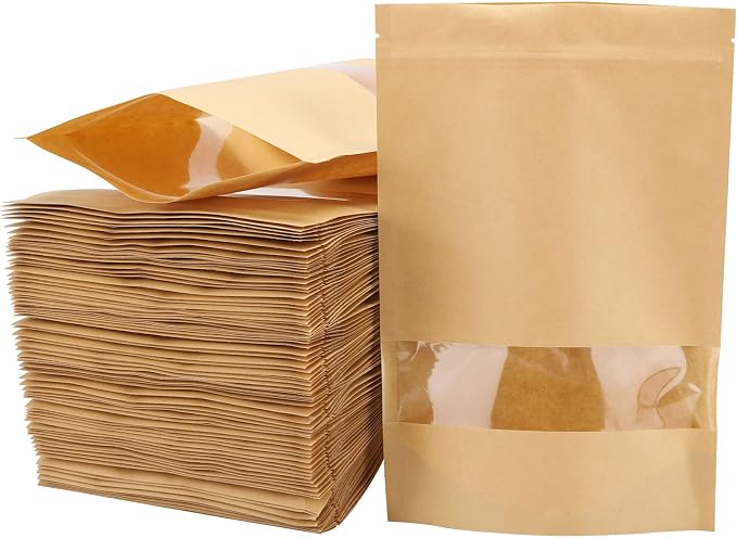 Tecbeauty 100pcs Kraft Paper Stand Up Pouches Zipper Lock Resealable Food Storage Bags with Window for Packing Cookies, Dog Treats (7 x 10inch) by Tecbeauty