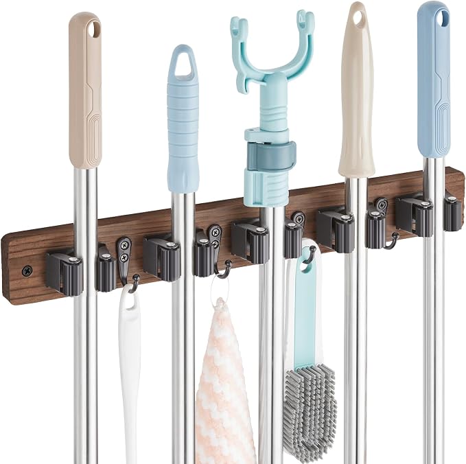 OUTNILI Mop and Broom Holder Wall Mount - Wood Broom Mop Hanger - Wall Mounted Garden Tool Rack Organizer for Closet Garage Laundry Room for Rustic Kitchen Decor With 5 Slots & 4 Hooks by OUTNILI