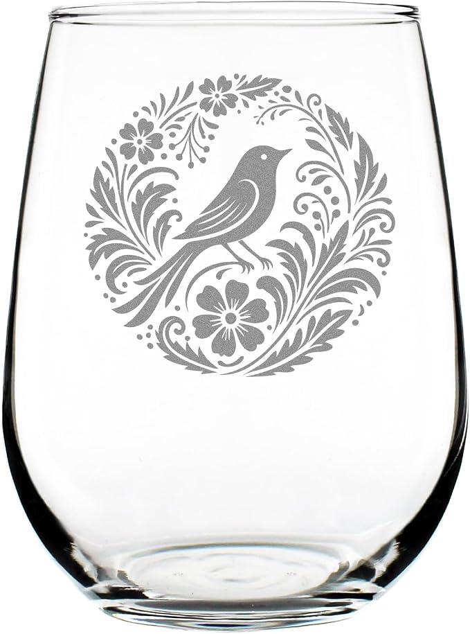 Bird & Floral Engraved Stemless Wine Glass 17oz, Etched Lover, Cottagecore Glassware, Home by Make+Your+Mark+Design