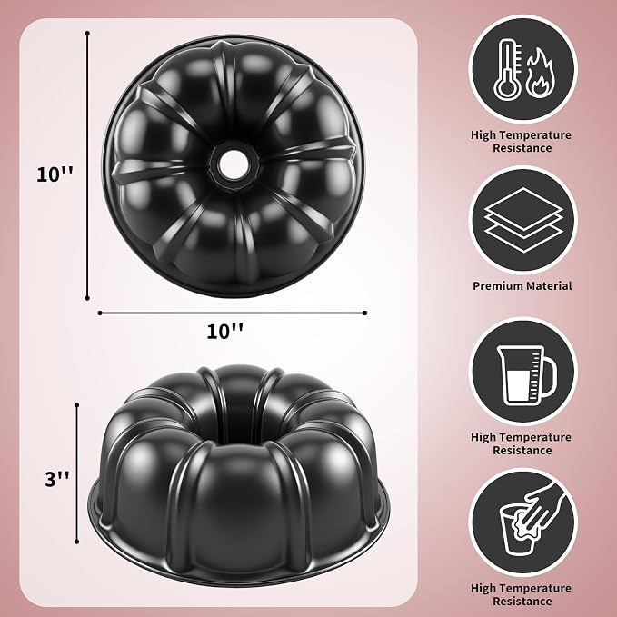 10” Cake Pan 2-PACK, Nonstick Round Cake Baking Pan, Buntz Pound Cake Mold,Tube Bakeware,Baking Mold for Jello/Gelatin/Chocoflan/Flan, Non Toxic, Easy Clean - Black - Image 2