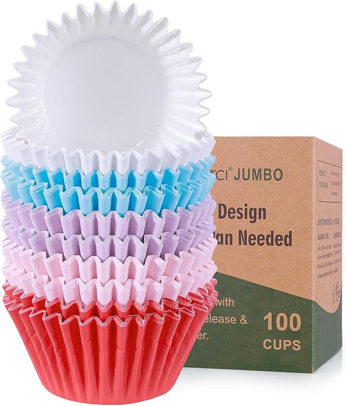Caperci Heavy Duty Multicolor Jumbo Cupcake Muffin Liners for Baking - 100pcs Extra Large Grease-Resistant Paper Baking Cups, No Muffin Pan Needed, Odorless, Easily Peels (Bright Assorted Colors) by Caperci