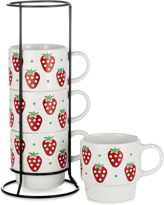 Signature Housewares Stackable Coffee Mug Tower Set with Metal Wire Rack - 15 Ounce Coffee Mugs for Coffee, Tea, Cocoa, Milk, Cappuccino, Hot Chocolate Set of 4 - Strawberry Pattern by SignatureHousewares
