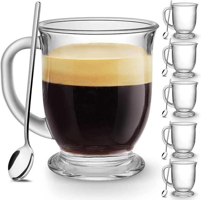 Mfacoy Glass Coffee Mugs Set of 6, Clear Large Coffee Mug 15 Oz With Handles for Hot Beverages, Clear Mugs for Tea, Cappuccino, Latte, Espresso Coffee, Juice, Glass Coffee Cups by Mfacoyisalifestylebrand