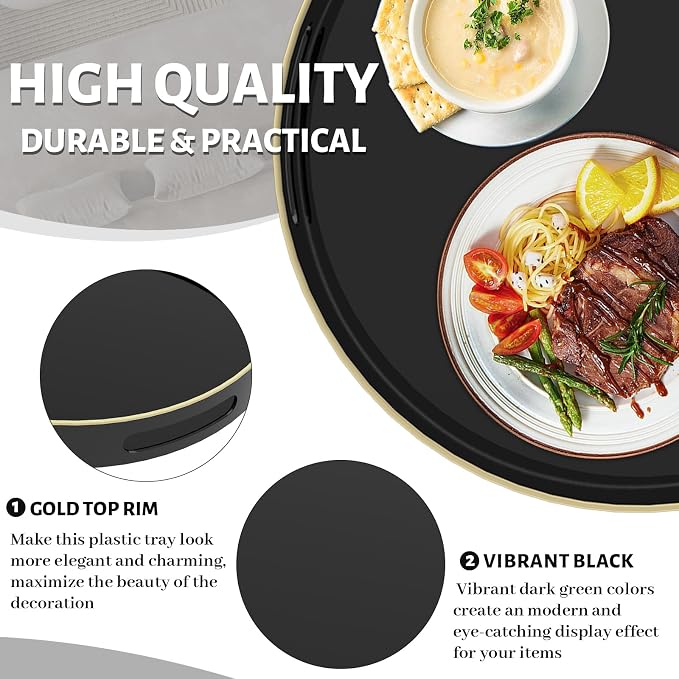 MAONAME 13" Black Decorative Tray, Plastic Round Serving Tray with Handles | Decorative Tray for Coffee Table, Modern Ottoman Tray, Circle Tea Tray, Round Melamine Tray for Living Room, Bathroom - Image 3