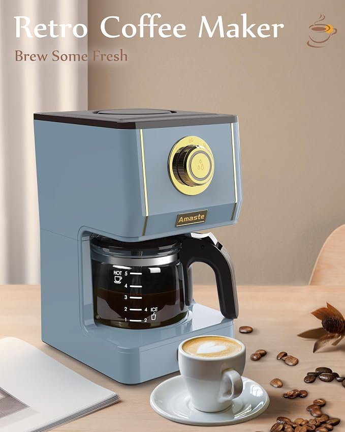 Amaste Coffee Maker, 5 Cup Coffee Pot with Three Brewing Modes, Retro Coffee Maker with Glass Carafe & Reusable Coffee Filter, Drip Coffee Maker Ideal for Home or Office, Warming Plate, Ash Blue - Image 2
