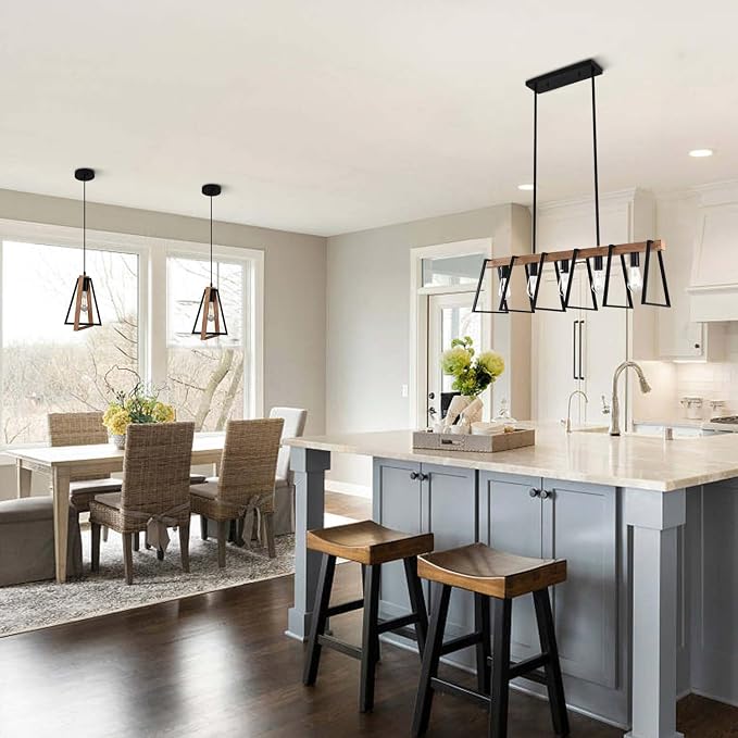 Rustic Wood Chandeliers Farmhouse 5 Light Dining Room Light Fixtures Mid Century Modern Black Linear Chandelier Industrial Kitchen Island Rectangle Pendant Light - Image 7