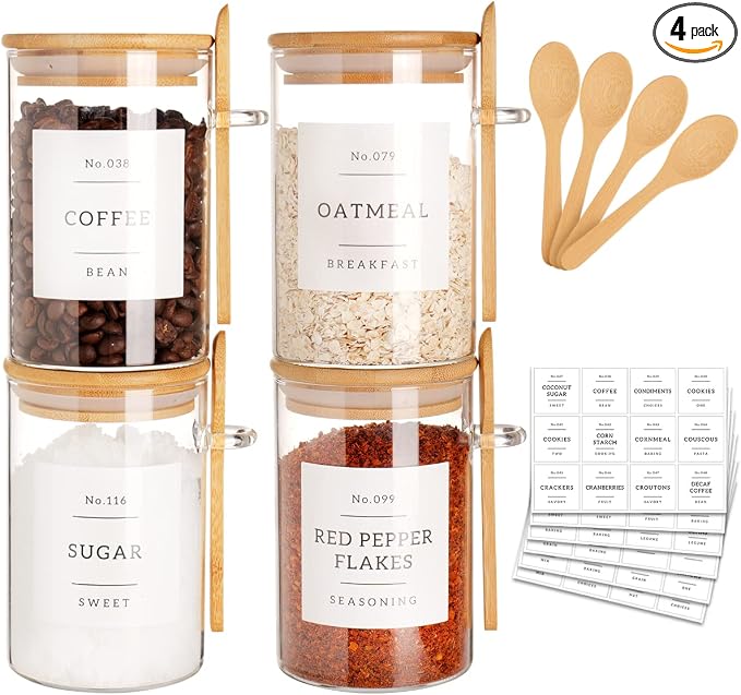 CZZGSM Glass Jar with Bamboo Lid and Spoon - 4 Pcs 17 oz Sugar Container with 132 Food Pantry Labels - Glass Containers with Wooden Lids Hold Coffee, Tea, Candy by CZZGSM