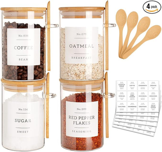 CZZGSM Glass Jar with Bamboo Lid and Spoon - 4 Pcs 17 oz Sugar Container with 132 Food Pantry Labels - Glass Containers with Wooden Lids Hold Coffee, Tea, Candy by CZZGSM