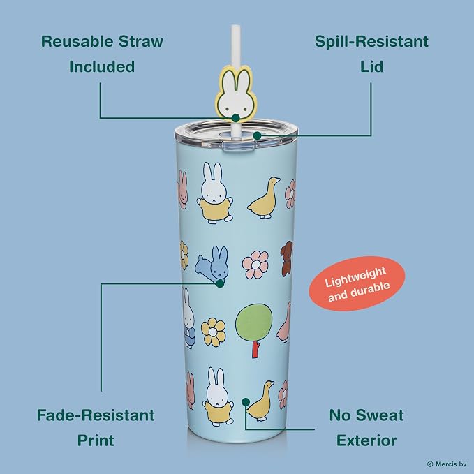 Dragon Glassware | Miffy Stainless Steel Tumbler with Straw, 24 oz - Blue | Vacuum Insulated Stainless Steel Tumbler with Straw & Lid; Double Walled Tumbler with Straw Charm; Miffy Cup with Lid - Image 4