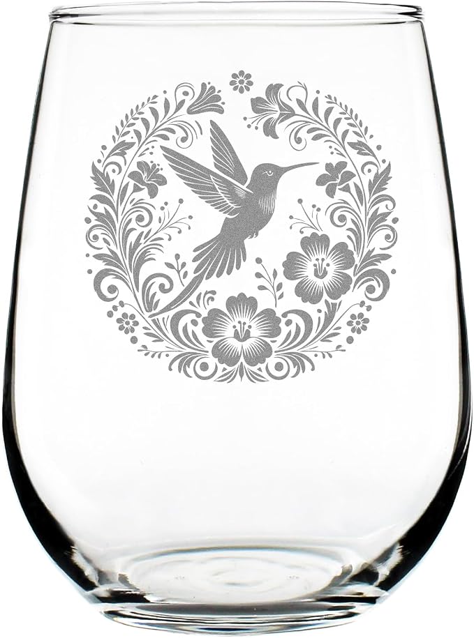 Hummingbird Floral Hand Engraved Stemless Wine Glass, Elegant Etched Bird Art Nature Lover Bohemian for Her, 17oz Glassware by Make+Your+Mark+Design
