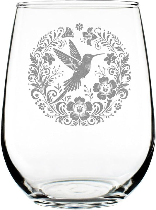 Hummingbird Floral Hand Engraved Stemless Wine Glass, Elegant Etched Bird Art Nature Lover Bohemian for Her, 17oz Glassware by Make+Your+Mark+Design