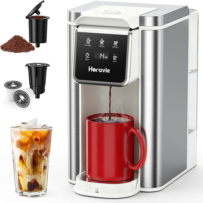 Single Serve Coffee Maker for K-Cup Pod & Ground, Hot & Iced Coffee Maker | Strong Button Feature, 6 to 14oz Brew Sizes, 50oz Removable Reservoir, Fit 6.5" Mugs, Stainless Steel, White by Horavie