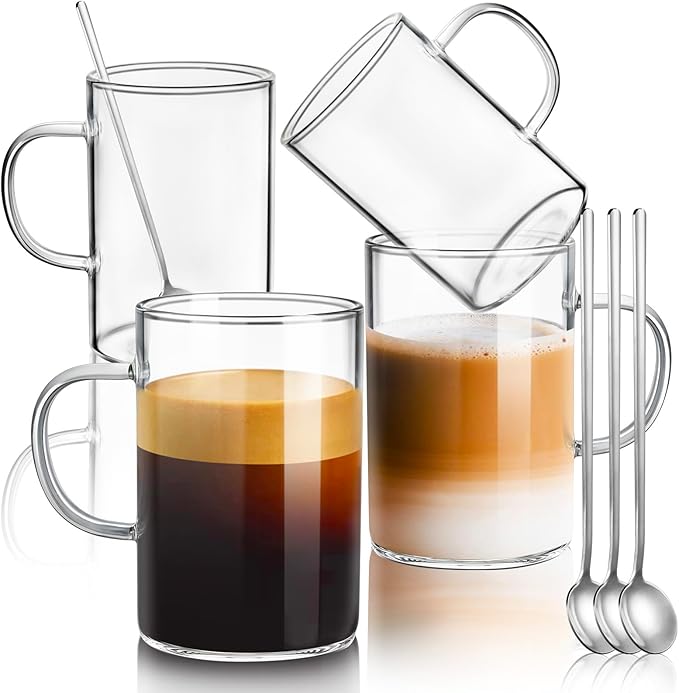 ecooe 16oz Borosilicate Glass Coffee Mugs Set of 4, Large Glass Mug Set with Handles & Spoon, Clear Glasses Coffee Cups for Hot/Cold Tea, Cappuccino, Latte, Juice, Drinking Glasses