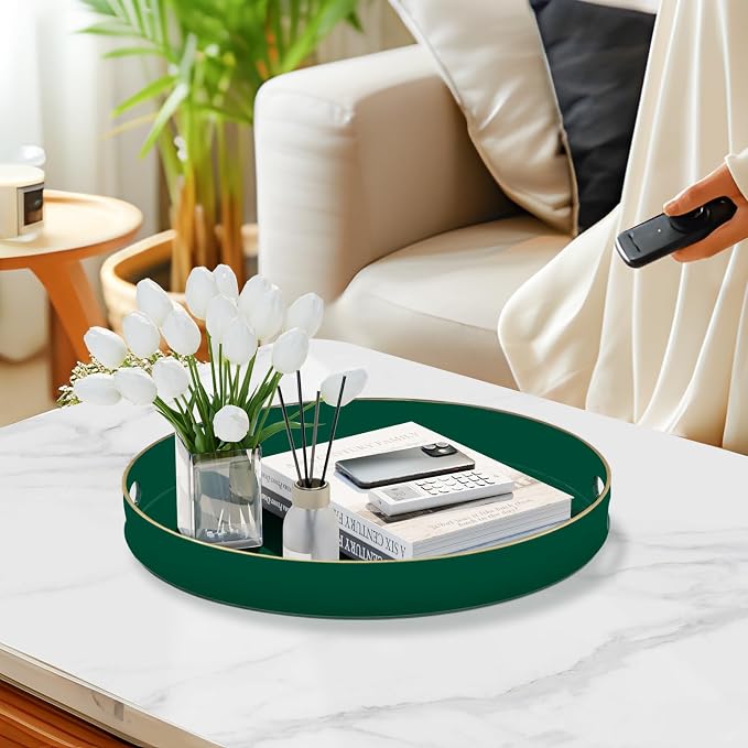 MAONAME 13" Dark Green Decorative Tray, Round Serving Tray with Handles | Plastic Decorative Tray for Coffee Table, Modern Ottoman Tray, Circle Tea Tray, Round Melamine Tray for Living Room, Bathroom - Image 5
