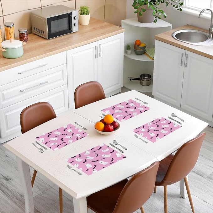 Feelyou Happy Halloween Placemats Set of 4 Cute Ghost Table Mats for Party Kitchen Dining Decoration Holiday Seasonal Pink White Place Mat for Dinner Table Indoor Outdoor 18"x12" Bats Pattern Decor - Image 3