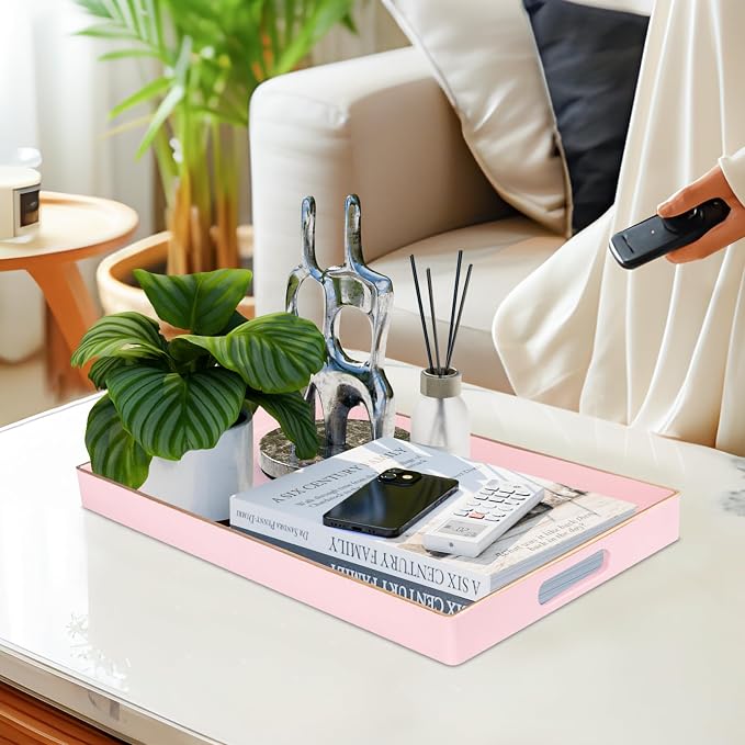 MAONAME Pink Decorative Tray for Coffee Table, Serving Tray with Handles | Plastic Melamine Tray, Modern Ottoman Tray, Rectangular Countertop Organizer Tray for Living Room, 15.8"L x 10.2"W x 1.4"H - Image 5